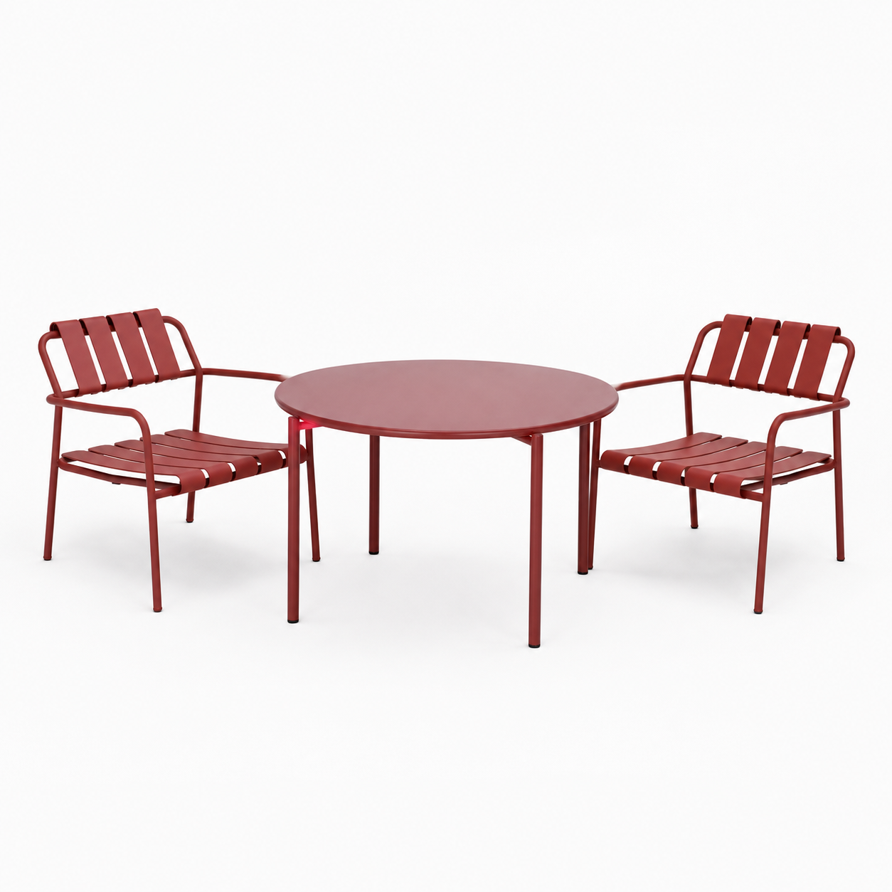 Frank – Conjunto de Exterior 3 Piezas | 2 Sillones + Mesa de Centro | Listones Metálicos | Acero | Rojo Vino