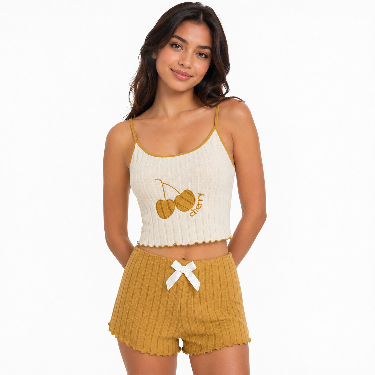 Conjunto pijama mujer 2 piezas Cherry — top camisola y shorts estilo coquette