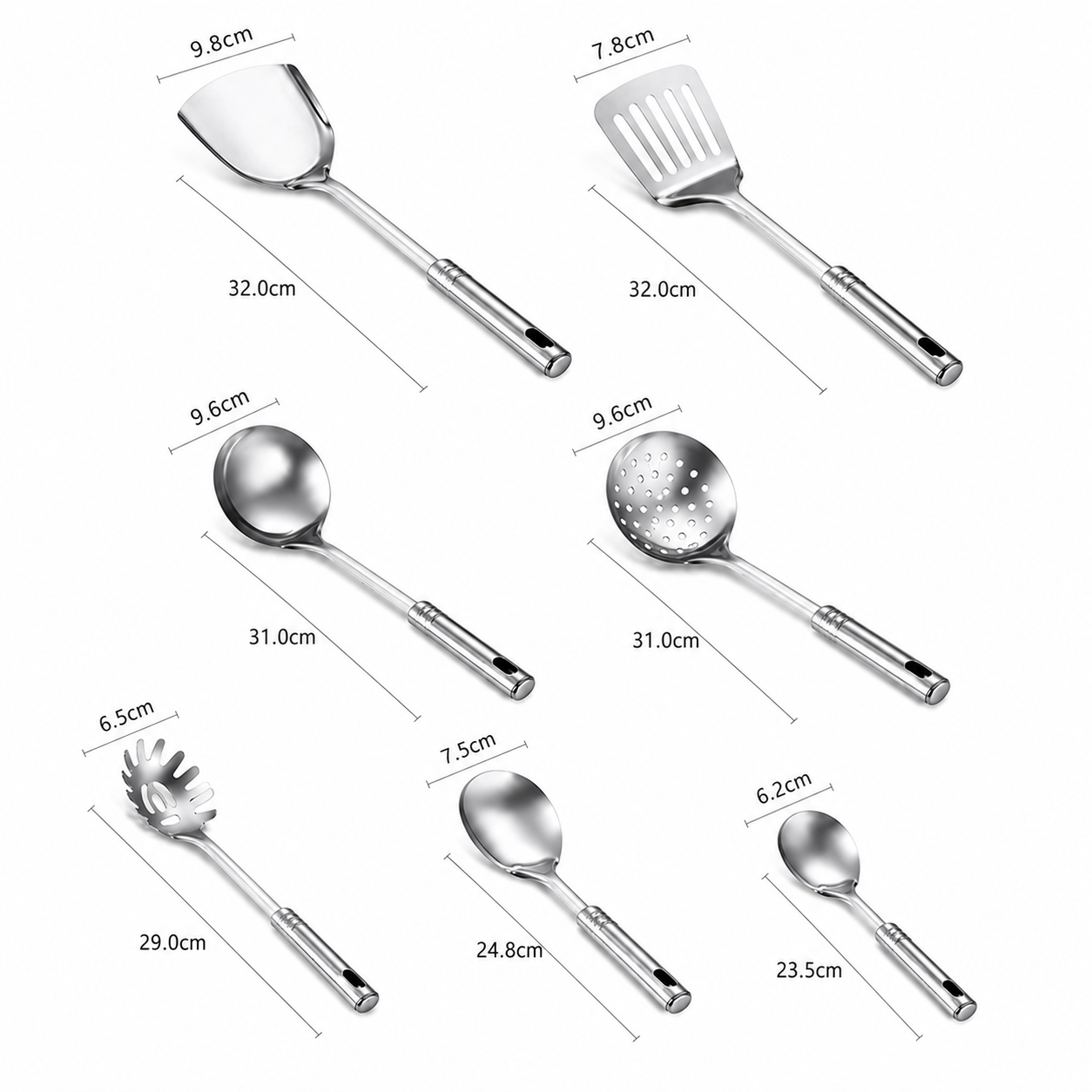 Set de 7 utensilios de cocina acero inoxidable Wanda — con soporte giratorio.
