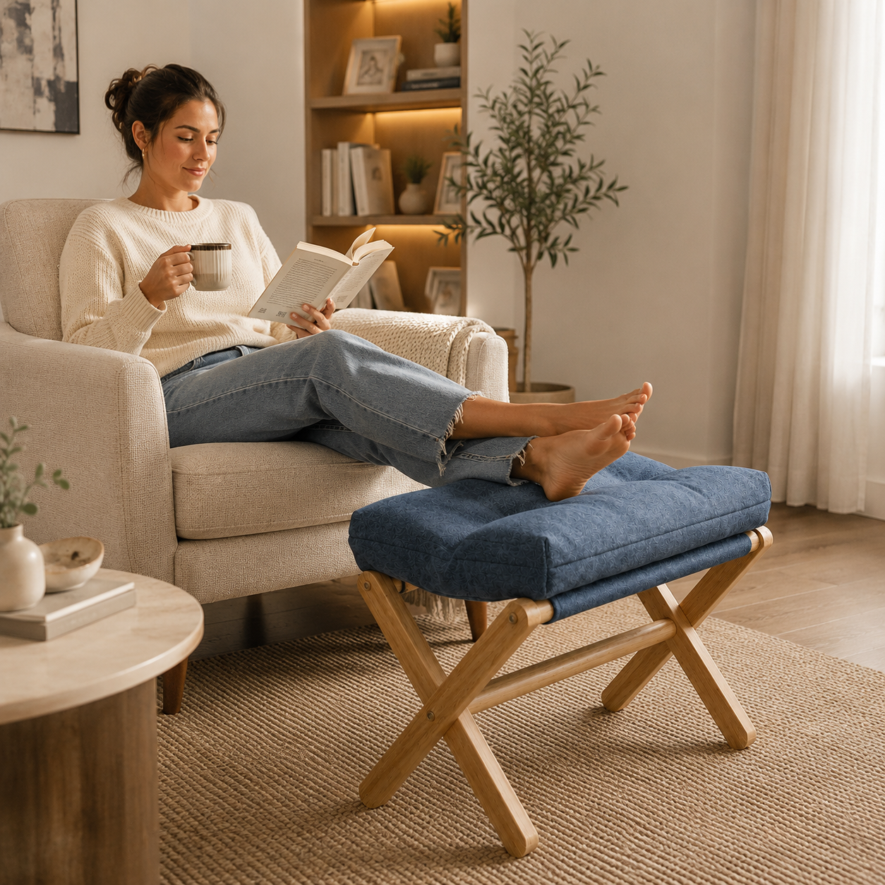 Taburete Plegable de Madera con Cojín Base en X Azul