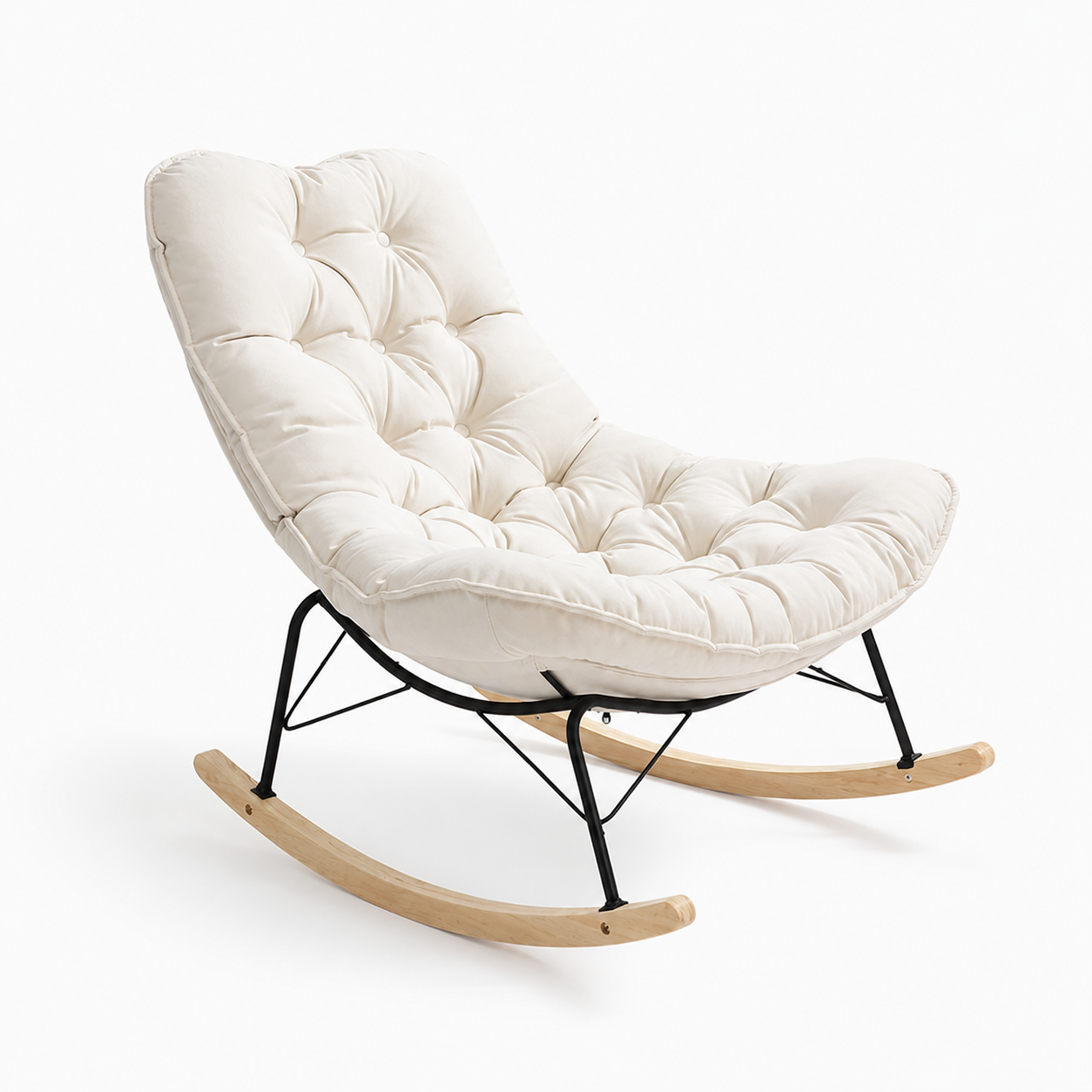 Mecedora individual con puf a juego Imelda — acolchado tufted beige, estilo nórdico moderno.