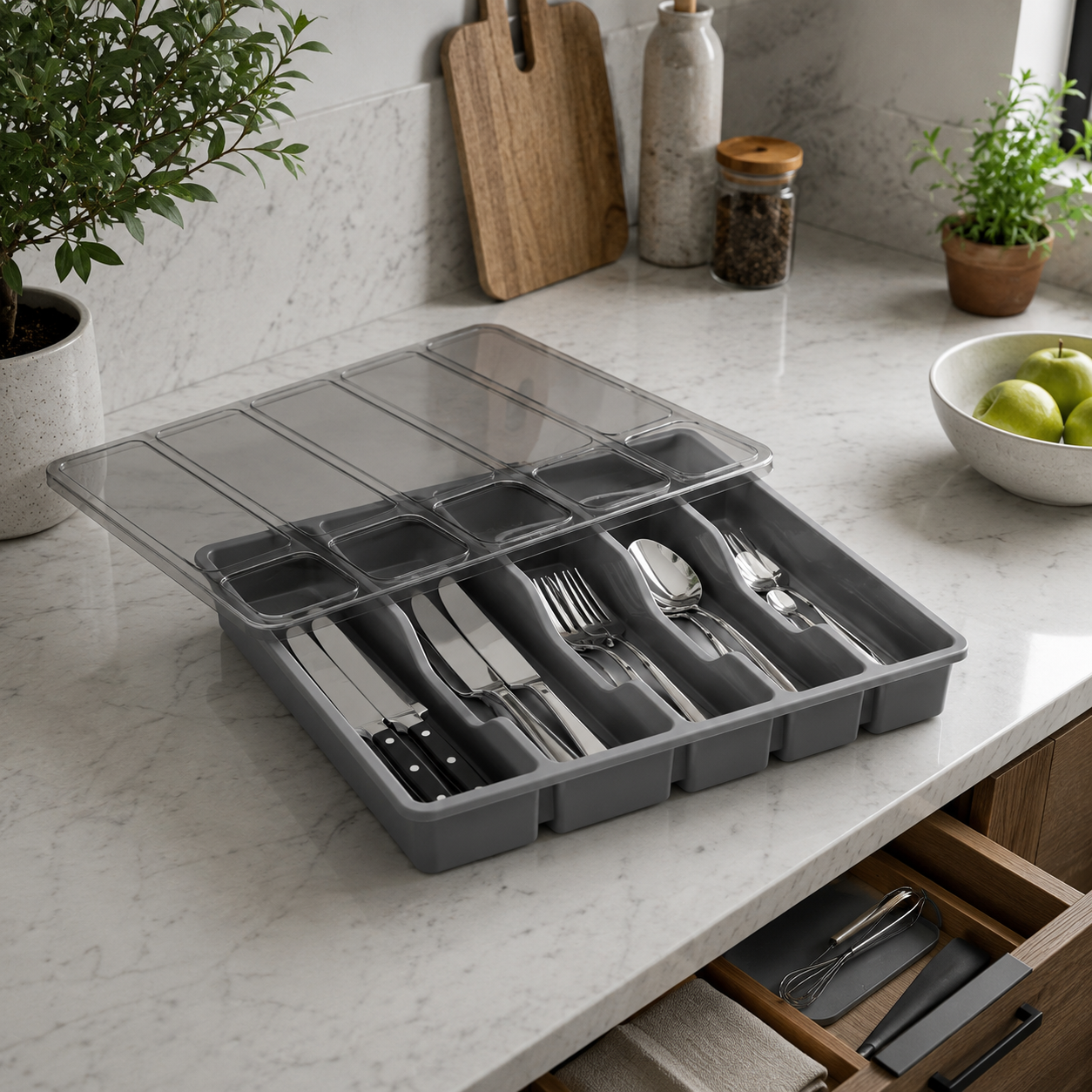 Organizador de cubiertos con tapa Romina — 5 compartimentos, plástico gris, para cajón o mesa