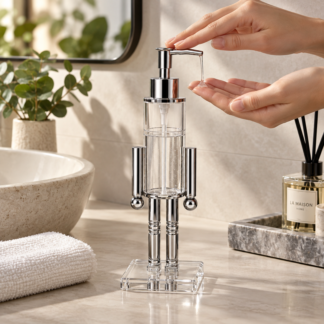 Dispensador de jabón figura humana acrílico Inti — 30 cm, bomba plateada, 155 ml.