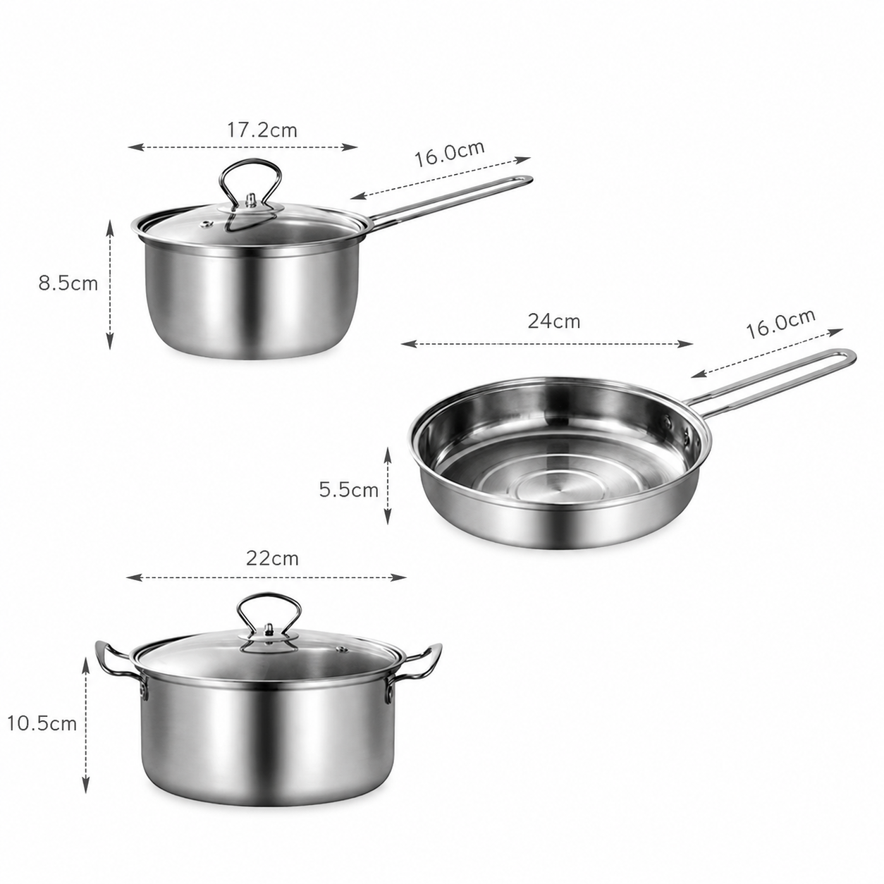 Set de cocina 3 piezas acero inoxidable Yeray — olla, cacerola y sartén, caja de regalo roja.