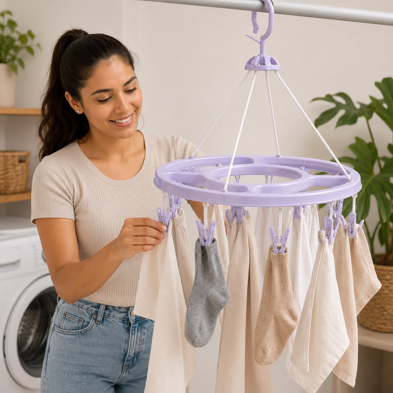 Tendedero circular plegable con 12 pinzas Lilia — 30 × 38 cm, color morado