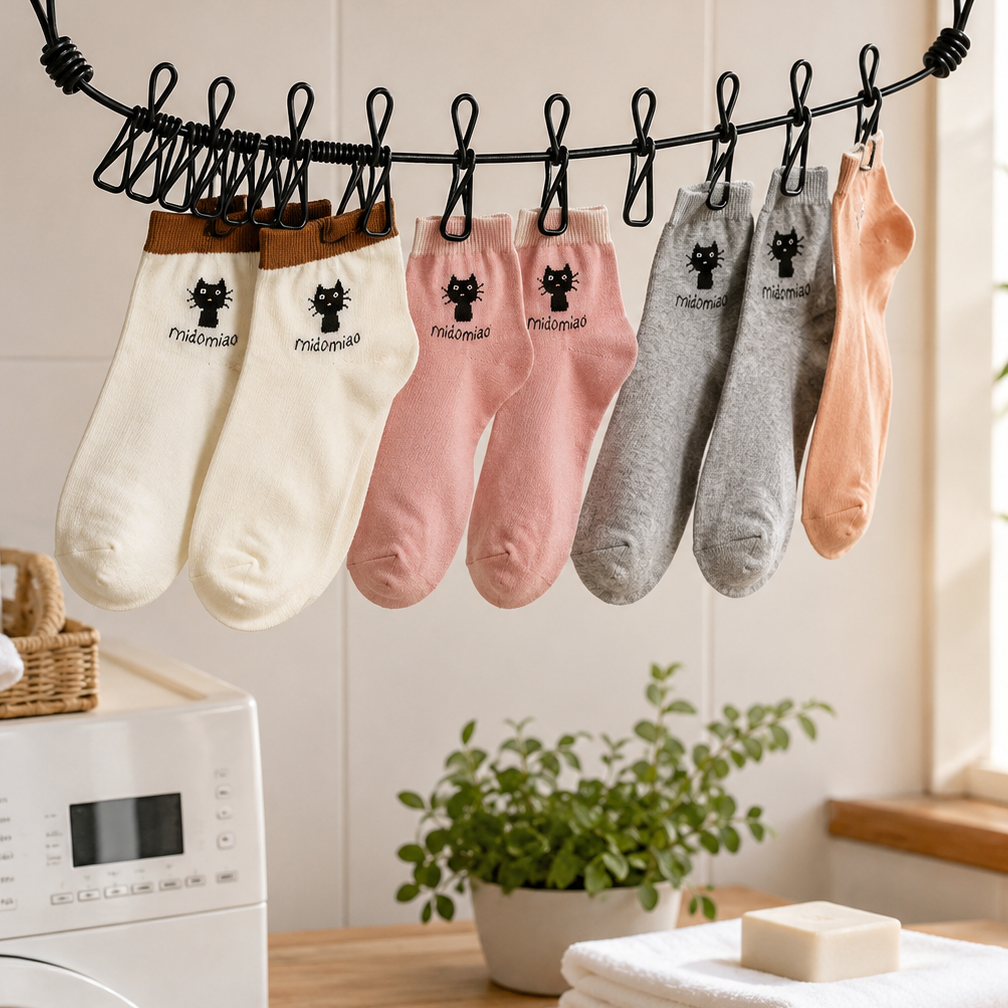 Tendedero portátil elástico con 12 pinzas Maitena — ganchos incluidos, ideal para viajes.