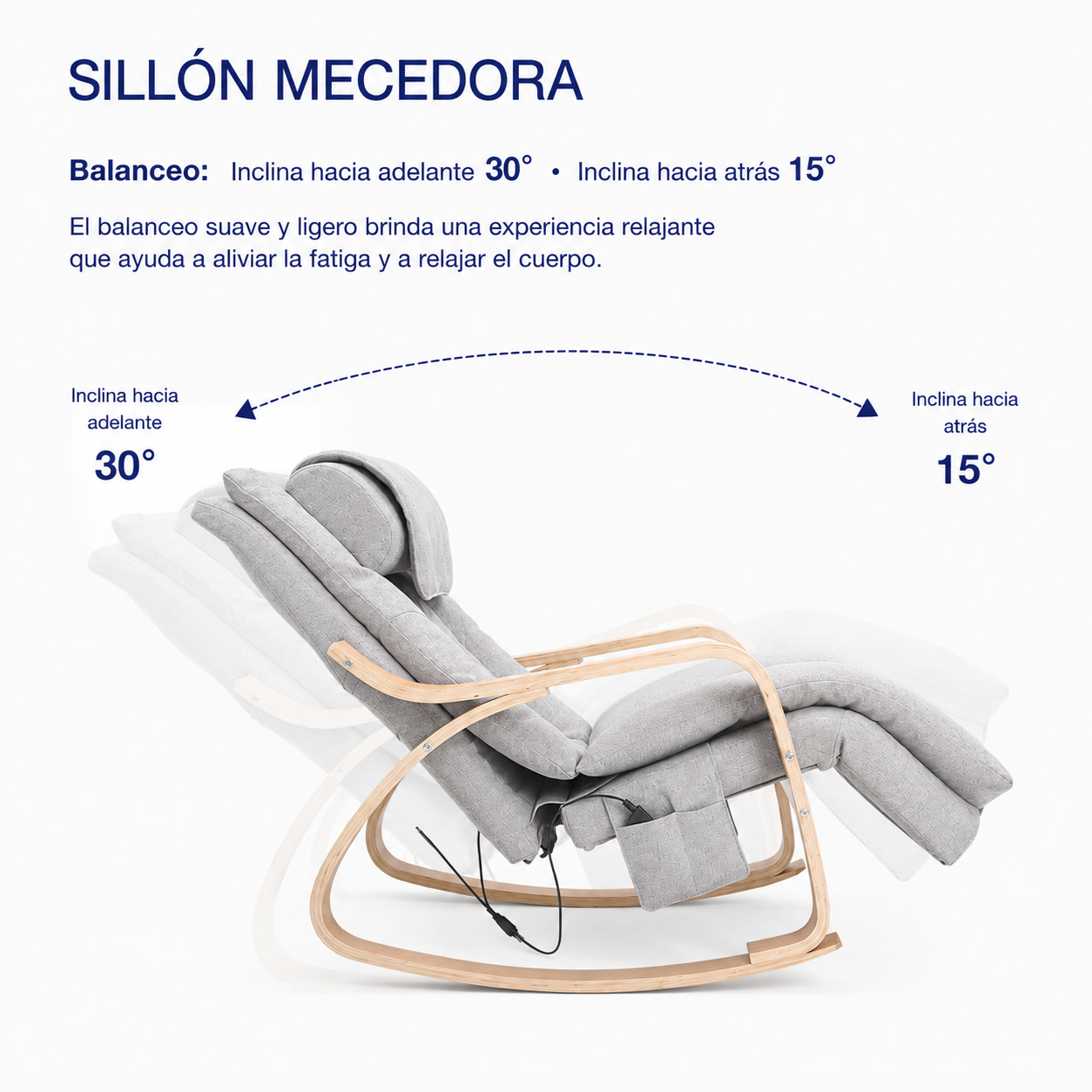 Mecedora de masaje eléctrico estilo escandinavo Haydee — lino beige, madera natural, control inteligente.