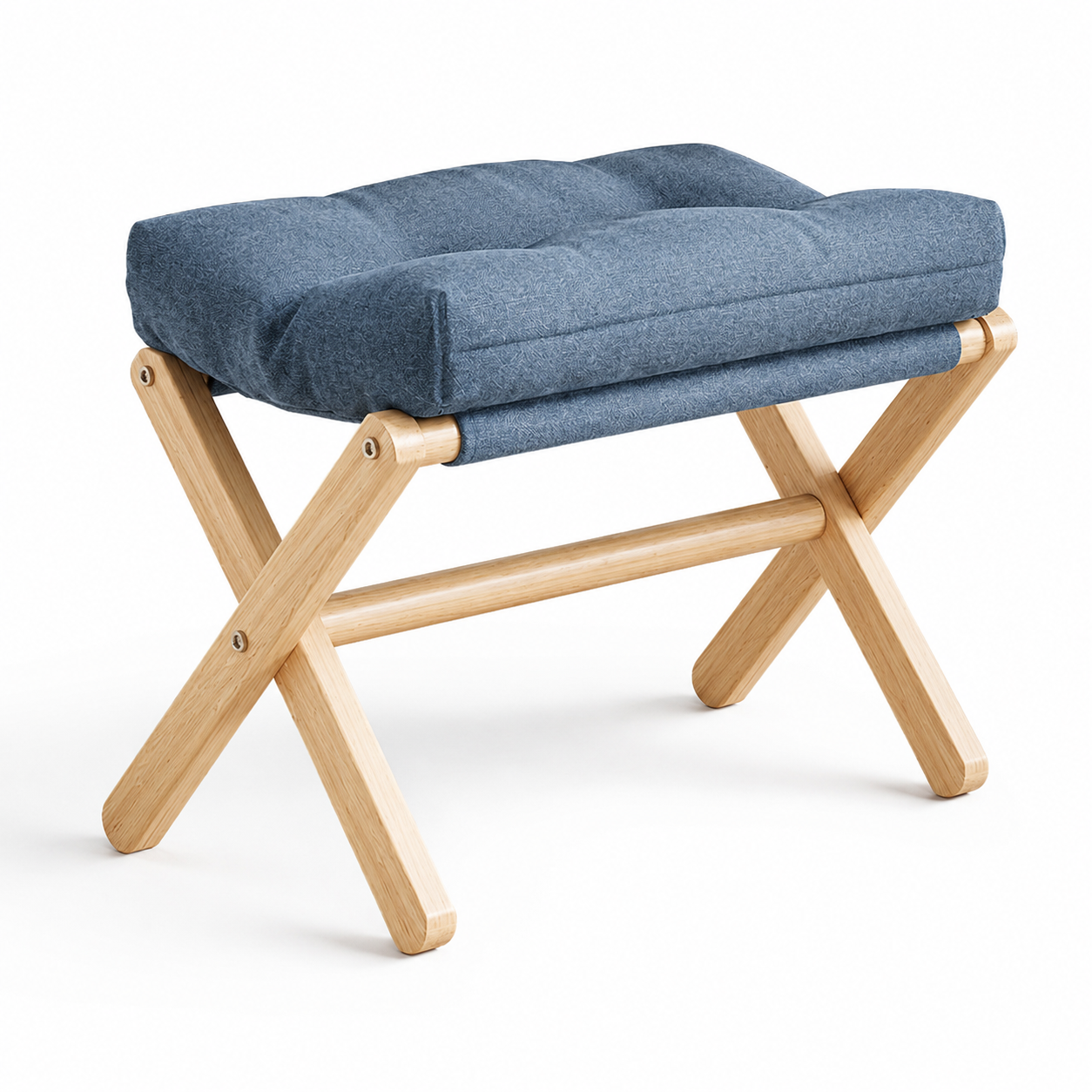 Taburete Plegable de Madera con Cojín Base en X Azul