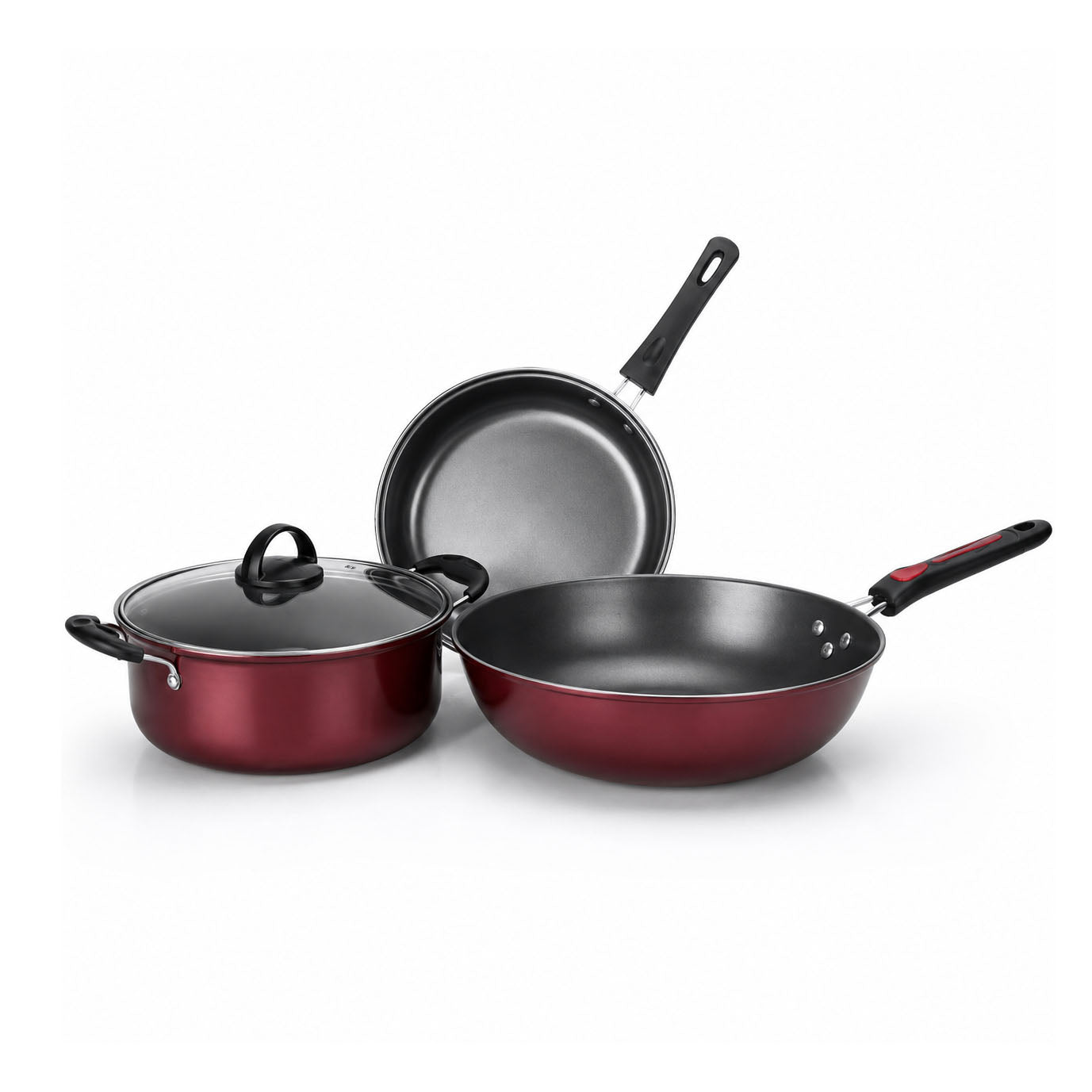 Set de cocina antiadherente 3 piezas Paulette — wok, sartén y tapa de vidrio, color granate.
