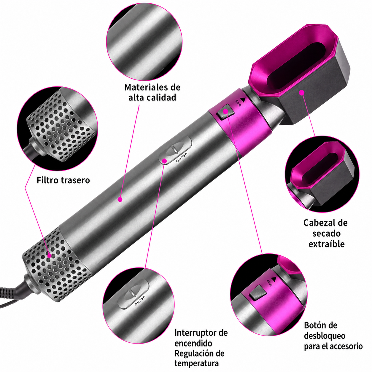 Estilizador de cabello 5 en 1 multifuncional Loreley — seca, riza, alisa y da volumen