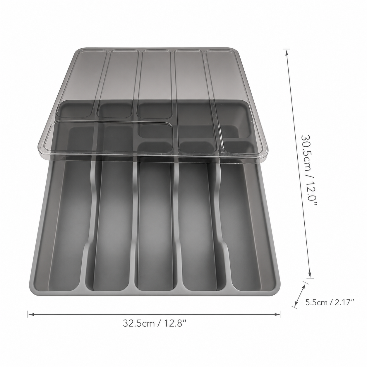Organizador de cubiertos con tapa Romina — 5 compartimentos, plástico gris, para cajón o mesa